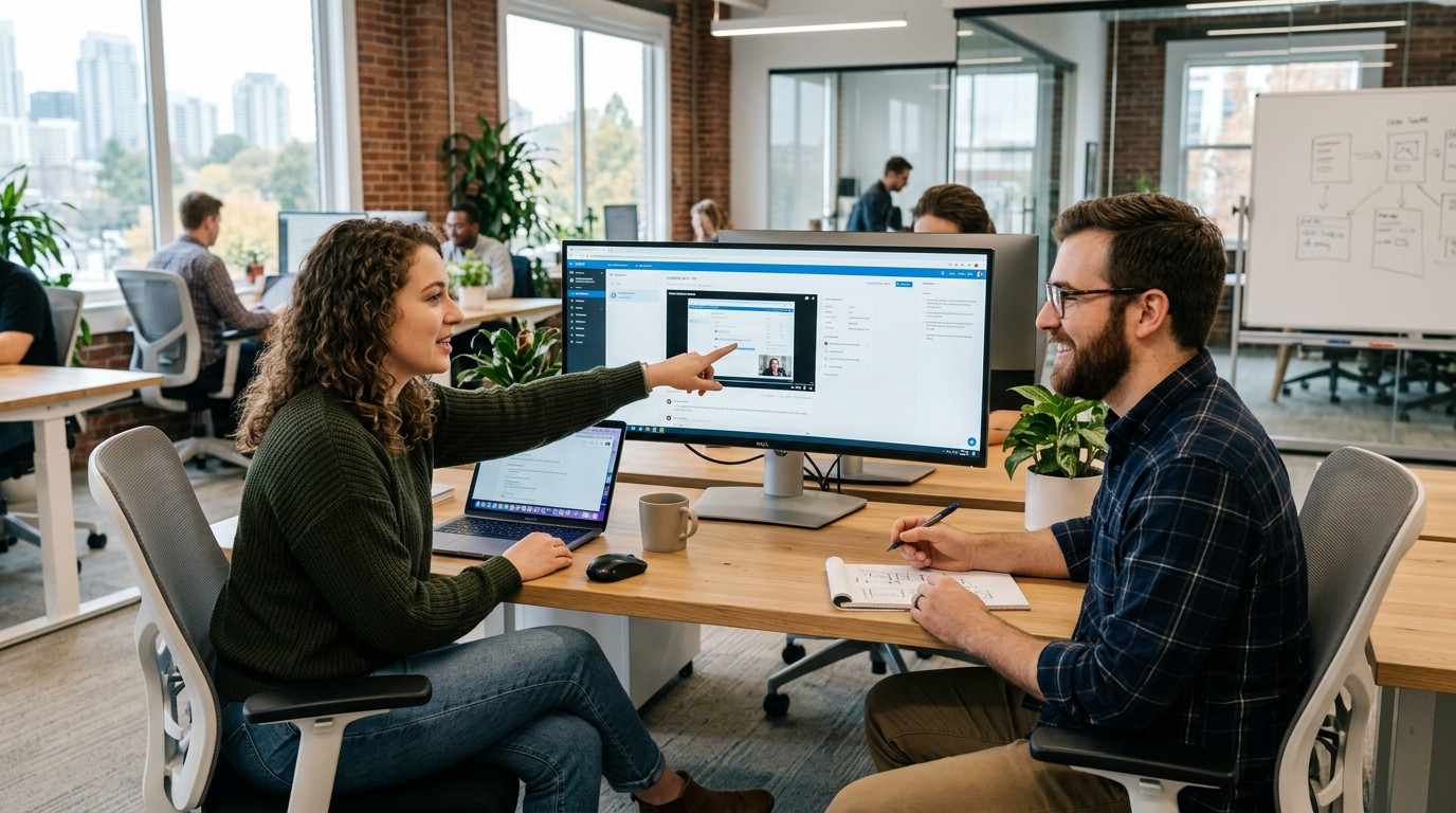 A product designer and UX researcher sitting together at a bright modern studio desk reviewing a video usability test on an ultrawide display