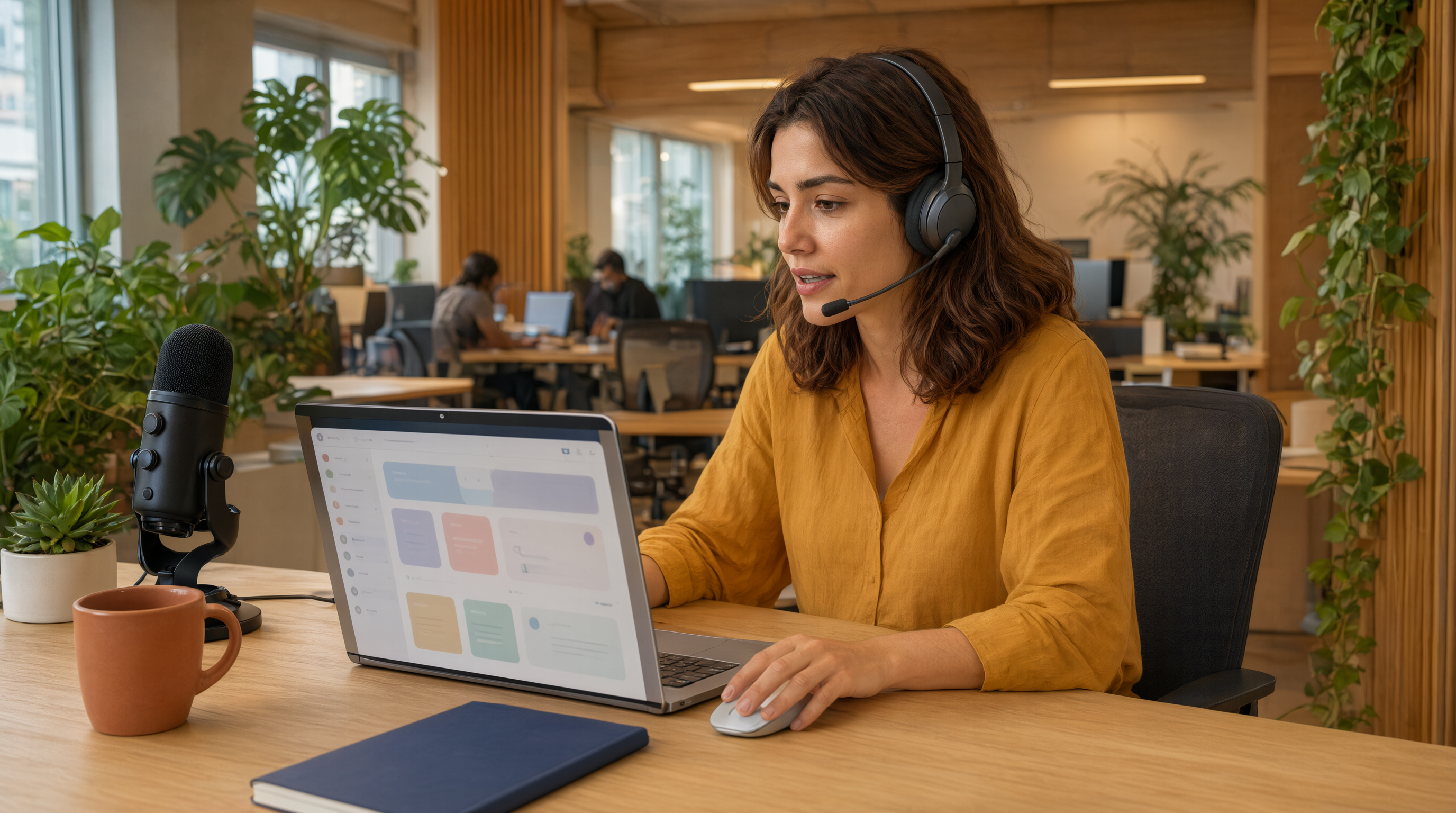 A customer support specialist wearing a headset recording a screen tutorial video at her desk.