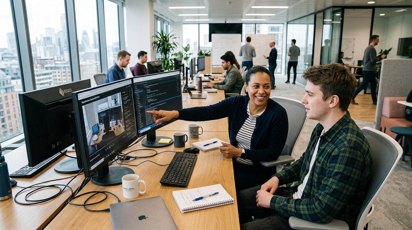 An IT systems specialist and support engineer reviewing an asynchronous employee workstation video clip on dual monitors in a contemporary office setting.