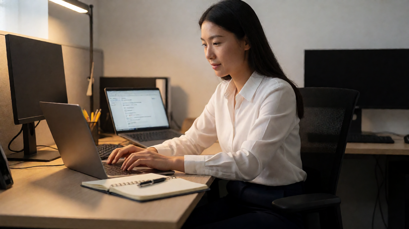 A customer support agent reviewing a laptop screen showing a bug report ticket at a warmly lit desk.